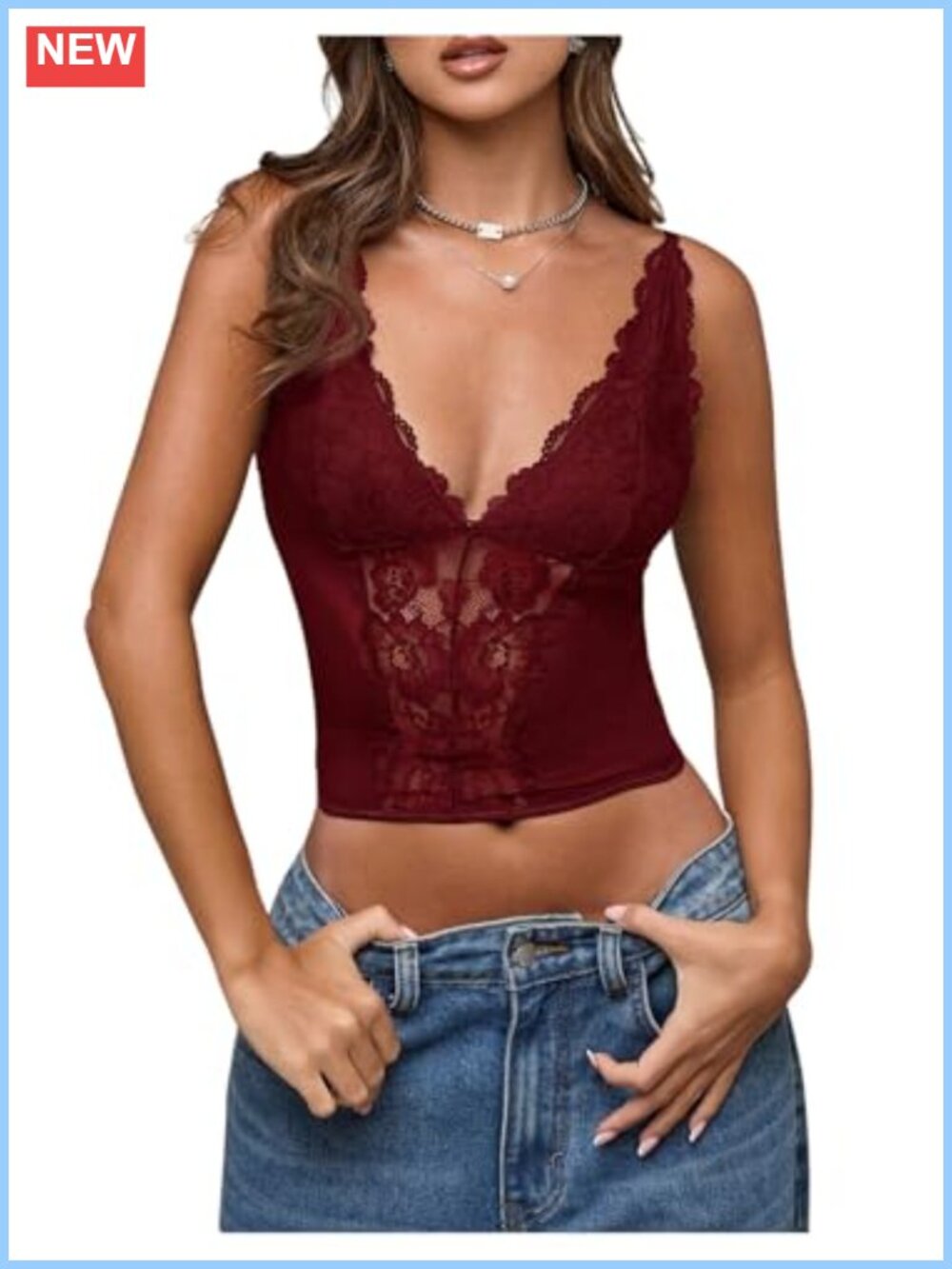 Mesh Lace Bustier Crop Top Deep V Spaghetti Strap Cami